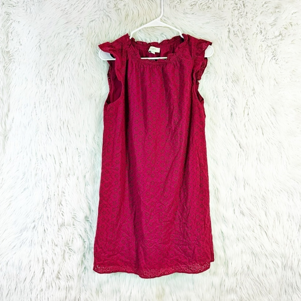 Loft deep pink eyelet ruffle neck flutter sleeve cotton dress